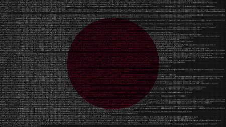 Source code and flag of Japan. Japanese digital technology or programming related 3D rendering