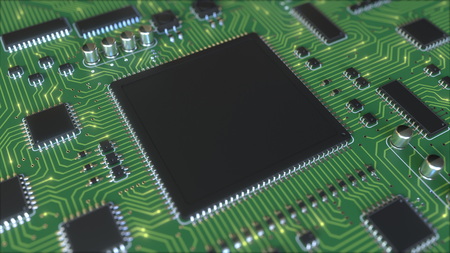 Electric signals on green PCB or printed circuit board. Computer technology related conceptual 3D renderingの写真素材