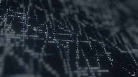 Chaotically flashing computer symbols on the screen. 3D rendering