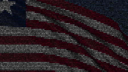 Waving flag of Liberia made of text symbols on a computer screen. Conceptual 3D renderingの写真素材