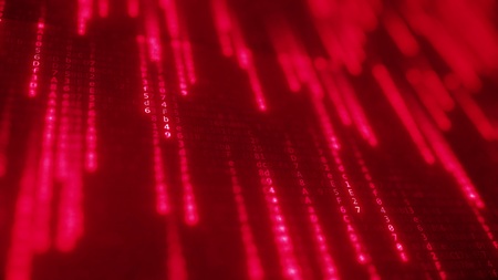 Red symbols flashing on computer screen, 3D rendering