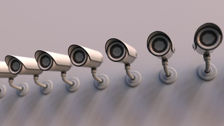 Line of surveillance cameras on the wall. Public safety related conceptual 3D rendering