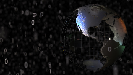 Metallic Earth globe model and falling binary computer code symbols. 3D rendering