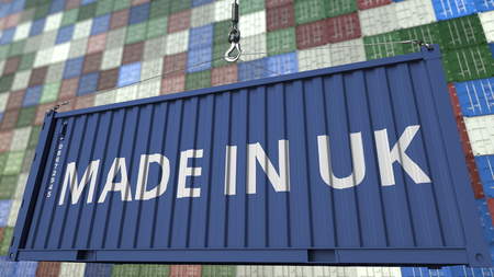 Cargo container with MADE IN UK caption. British import or export related 3D rendering