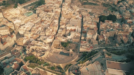 Aerial view of ancient Teatro Romano or Roman Theater and Cartagena cityscape, Spainの写真素材