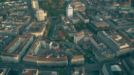 Flight over Zurich and the Limmat river in Switzerland