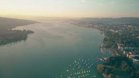High altitude aerial view of the Zurich lake, Switzerlandの写真素材