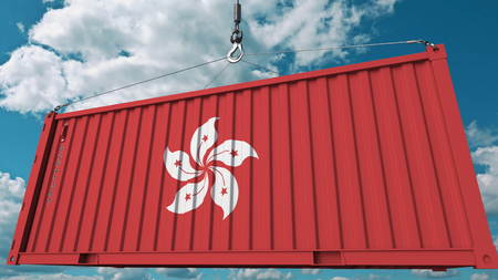 Loading container with flag of Hong Kong. Import or export related conceptual 3D rendering