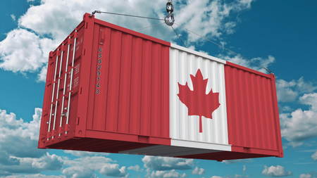 Cargo container with flag of Canada. Canadian import or export related conceptual 3D renderingの写真素材