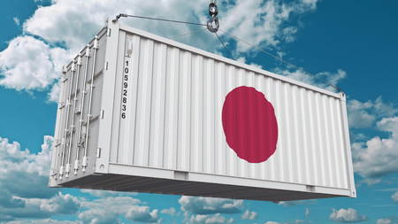Loading container with flag of Japan. Japanese import or export related conceptual 3D rendering
