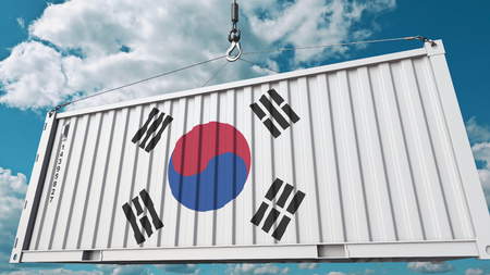 Cargo container with flag of South Korea. Korean import or export related conceptual 3D rendering