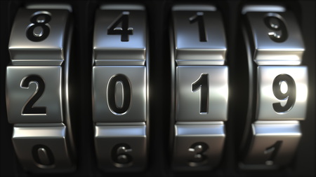 Mechanichal code lock rings reveal 2019 numbers. New Year related 3D renderingの写真素材