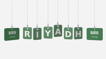Tags featuring flags of SAUDI ARABIA and Riyadh text. 3D rendering