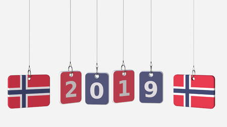 Flags of NORWAY and 2019 text on hanging plates. 3D renderingの写真素材