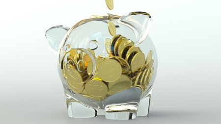 Golden coins fall into transparent piggy bank. Conceptual 3D renderingの写真素材