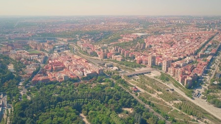 Aerial view of southwestern part of Madrid from Campo del Moro Gardens, Spainの写真素材
