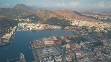 CARTAGENA, SPAIN - SEPTEMBER 25, 2018. Aerial view of Navantia shipyard and military shipsのeditorial素材
