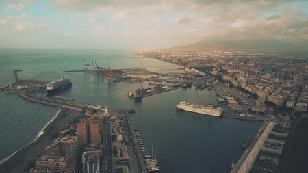 MALAGA, SPAIN - SEPTEMBER 27, 2018. Aerial view of city seaportのeditorial素材