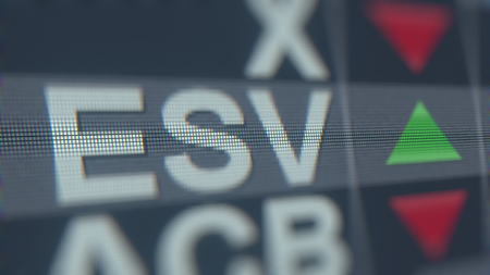 ENSCO ESV stock ticker on the screen. Editorial 3D renderingのeditorial素材