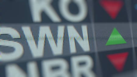 SOUTHWESTERN ENERGY SWN stock ticker on the screen. Editorial 3D renderingのeditorial素材