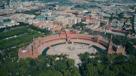 Aerial view of Plaza de Espana and Maria Luisa Park, major landmark of Seville, Spainの写真素材