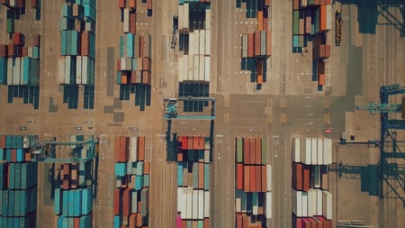 VALENCIA, SPAIN - OCTOBER 2, 2018. Aerial top-down view of big seaport container yardのeditorial素材