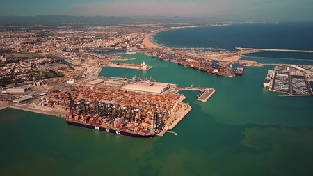 VALENCIA, SPAIN - OCTOBER 2, 2018. Aerial view of Mediterranean Shipping Company MSC ship and seaport container terminalのeditorial素材