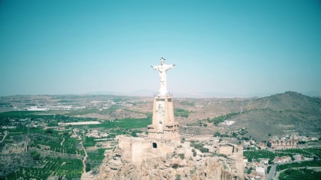 MURCIA, SPAIN - SEPTEMBER 24, 2018. Aerial view of the statue of Christ and Castillo de Monteagudoのeditorial素材