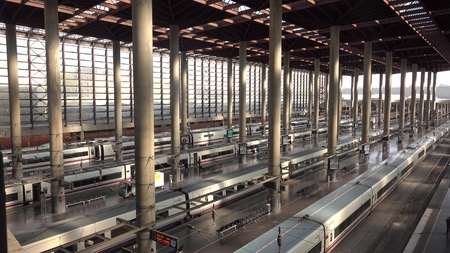 MADRID, SPAIN - SEPTEMBER 30, 2018. Trains at Madrid Atocha railroad stationのeditorial素材