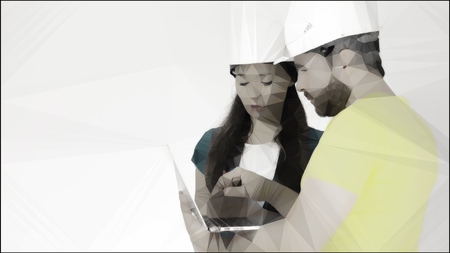 Man and woman wearing construction hard hats use laptop. Conceptual lowpoly illustration made from photoの写真素材
