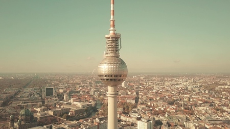 BERLIN, GERMANY - OCTOBER 21, 2018. aerial shot of famous TV Tower and cityscape on a sunny dayのeditorial素材