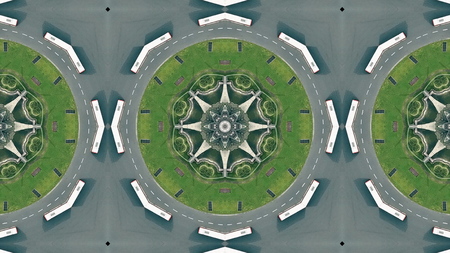 Kaleidoscope effect of aerial view of roundabout traffic in Barcelona, Plaza de Espana