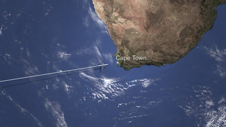 Airplane flying to Cape Town, South africa on the map. 3D renderingの写真素材