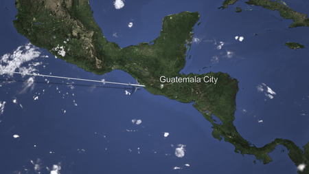 Airplane flying to Guatemala City, Guatemala on the map. 3D renderingの写真素材