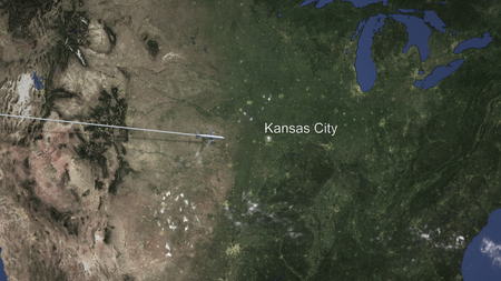 Route of a commercial plane flying to Kansas City, United States on the map. 3D renderingの写真素材