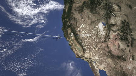 Airplane flying to Sacramento, United States on the map. 3D renderingの写真素材
