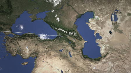 Plane arriving to Tbilisi, Georgia from west, 3D renderingの写真素材