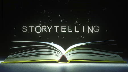 Letters fly off the open book pages to form STORYTELLING text. 3D renderingの写真素材