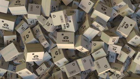 TATA logo on piled cartons. Editorial 3D renderingのeditorial素材