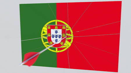 Archery arrow breaks plate featuring flag of PORTUGAL. 3D renderingの写真素材