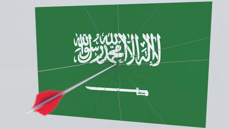Archery arrow breaks plate featuring flag of SAUDI ARABIA. 3D rendering