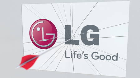 Archery arrow hits plate with LG logo. Corporate problems conceptual editorial 3D renderingのeditorial素材