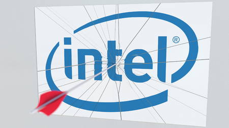 INTEL company logo being cracked by archery arrow. Corporate problems conceptual editorial 3D renderingのeditorial素材