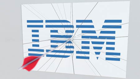 IBM company logo being cracked by archery arrow. Corporate problems conceptual editorial 3D renderingのeditorial素材