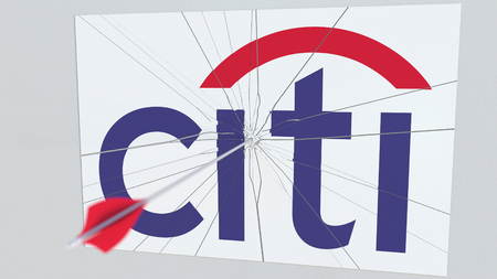 Archery arrow hits plate with CITI logo. Corporate problems conceptual editorial 3D renderingのeditorial素材