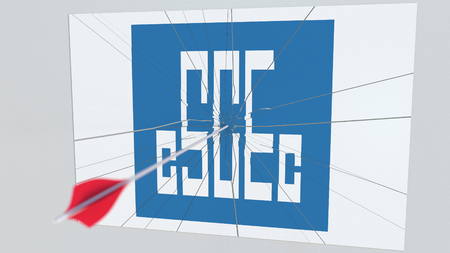 CHINA STATE CONSTRUCTION company logo being hit by archery arrow. Business crisis conceptual editorial 3D renderingのeditorial素材