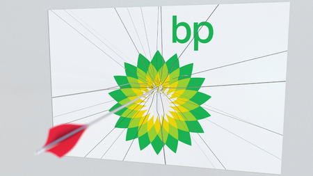 Archery arrow breaks glass plate with BP company logo. Business issue conceptual editorial 3D renderingのeditorial素材
