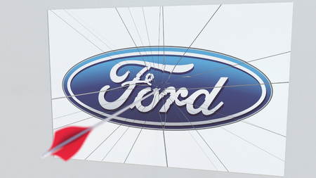 Archery arrow hits plate with FORD logo. Corporate problems conceptual editorial 3D rendering