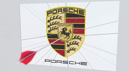Archery arrow hits plate with PORSCHE logo. Corporate problems conceptual editorial 3D rendering
