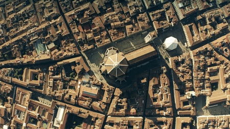 Aerial top down view of famous Florence Cathedral or Cattedrale di Santa Maria del Fiore, main city...